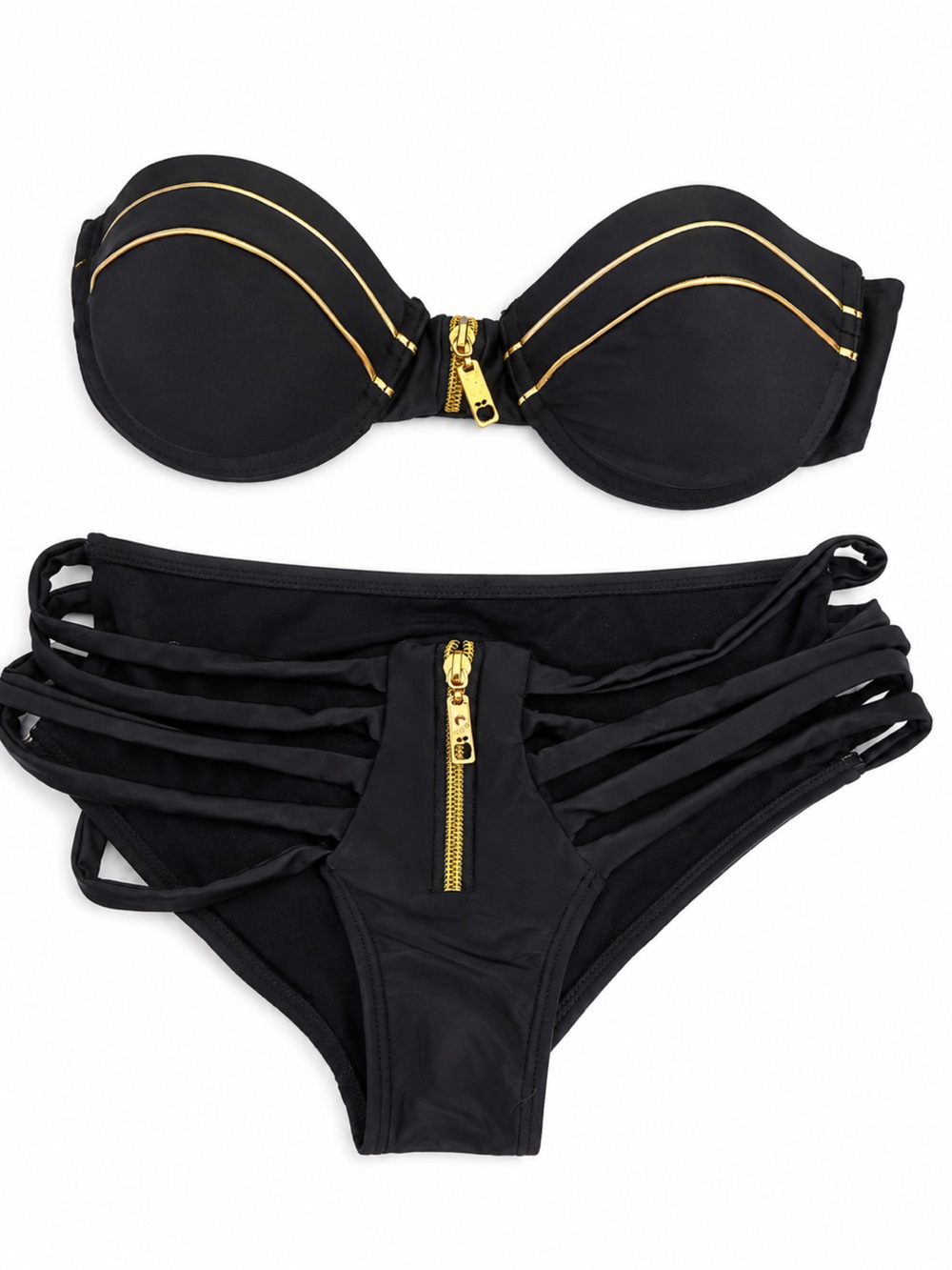 Black Women's Zip-Accent Strappy Bikini Set